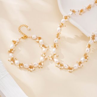 Hand-Wrapped Pearl Cluster Necklace Bracelet Set