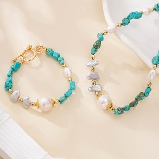 Turquoise nuggets and mixed pearl necklace and bracelet set