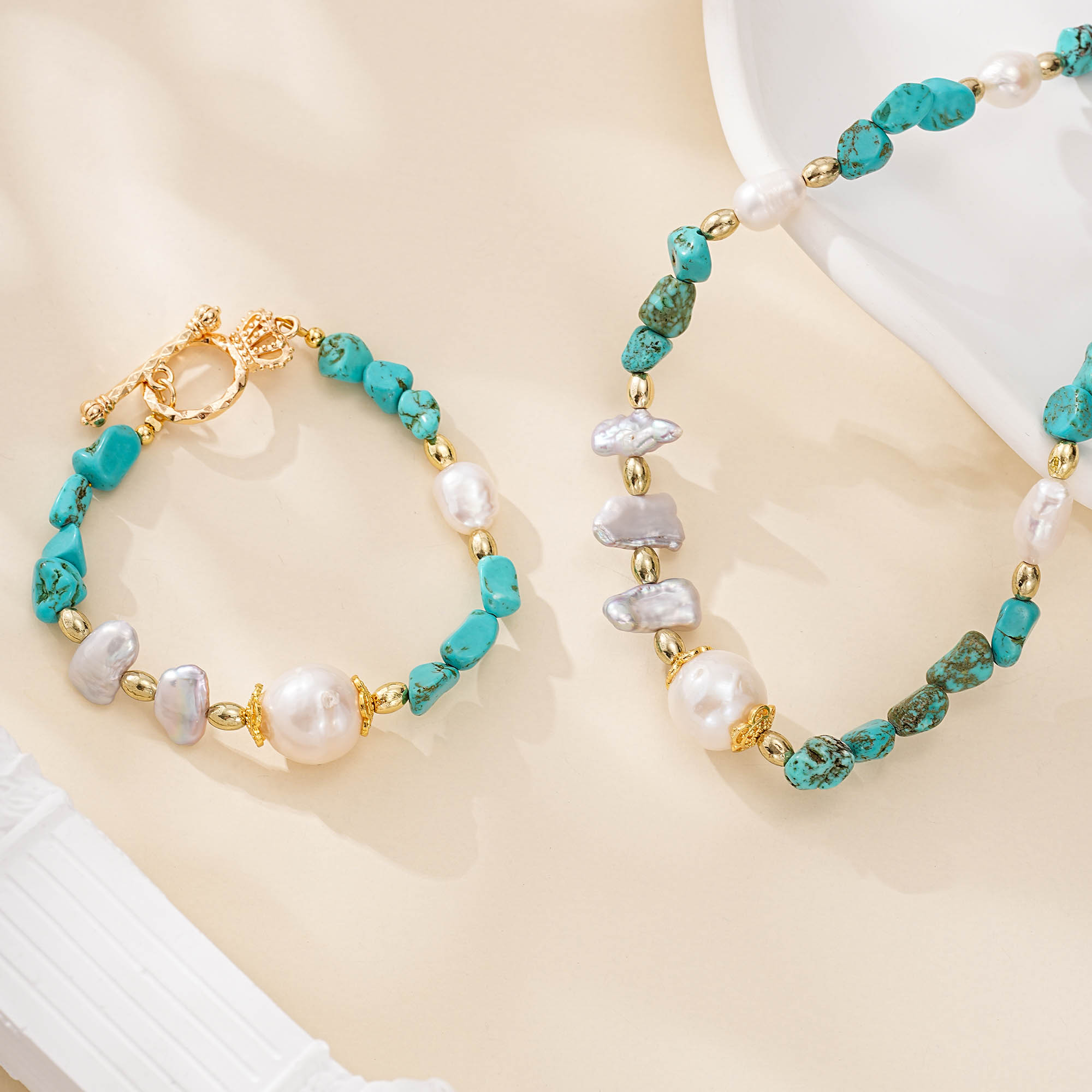 Turquoise nuggets and mixed pearl necklace and bracelet set