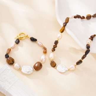 Tiger Eye and Mixed Pearl Necklace Bracelet Set
