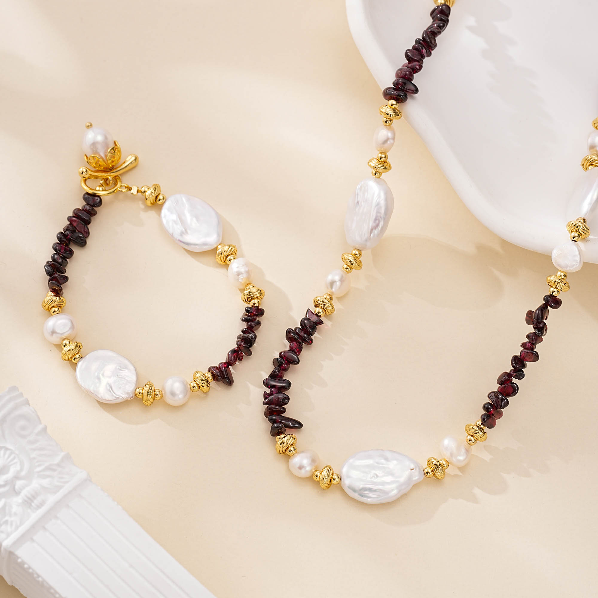 Garnet and baroque pearl necklace and bracelet set