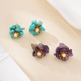 Turquoise or Amethyst Pearl Flower Stud Earrings