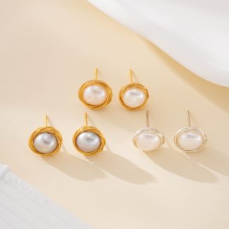 Wire Nest Freshwater Pearl Stud Earrings