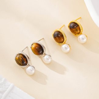 Tiger Eye and Pearl Drop Stud Earrings