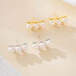 Linear Triple-Pearl and Crystal Stud Earrings