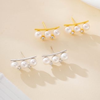 Linear Triple-Pearl and Crystal Stud Earrings
