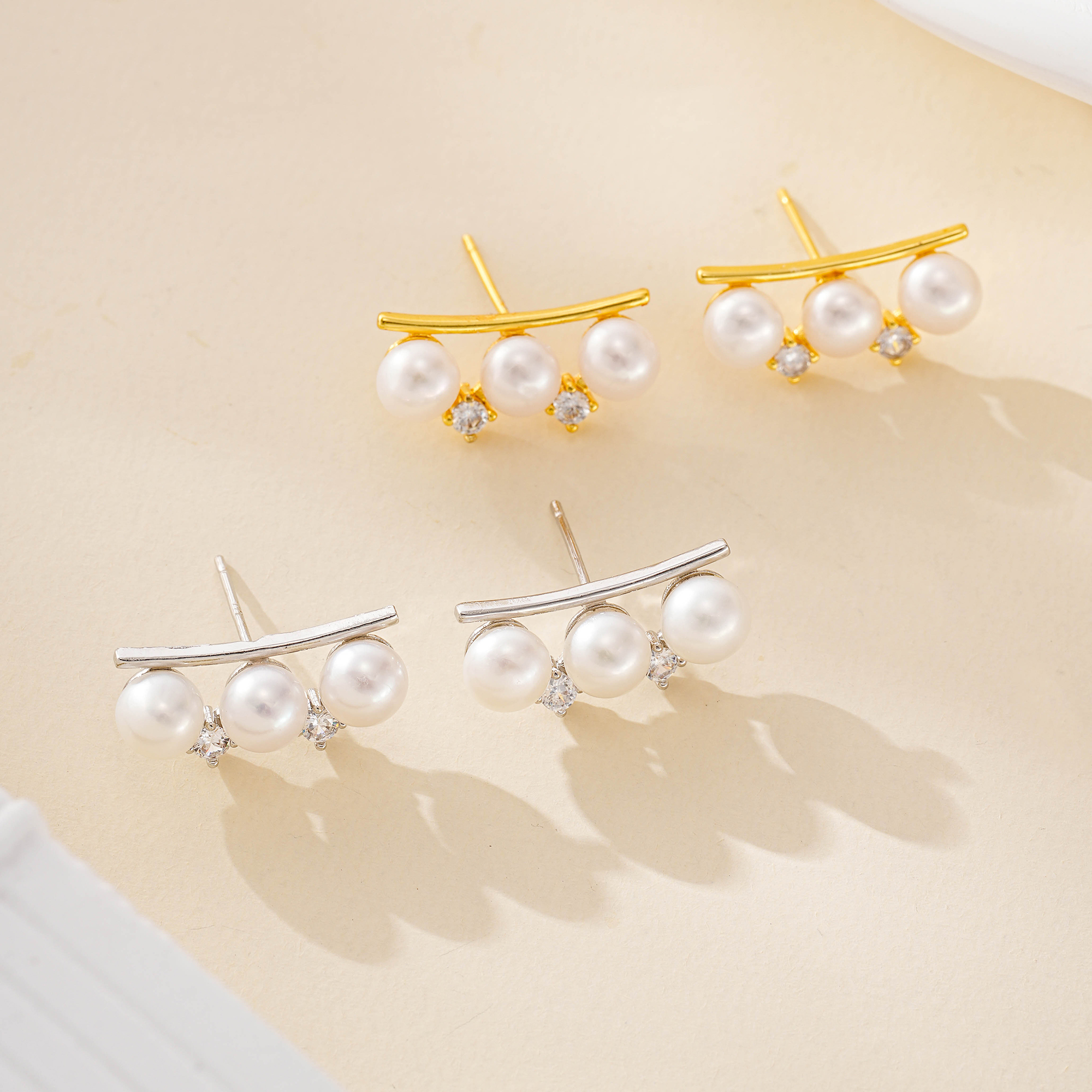 Linear Triple-Pearl and Crystal Stud Earrings