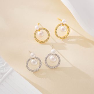Circular Crystal Halo Pearl Drop Earrings