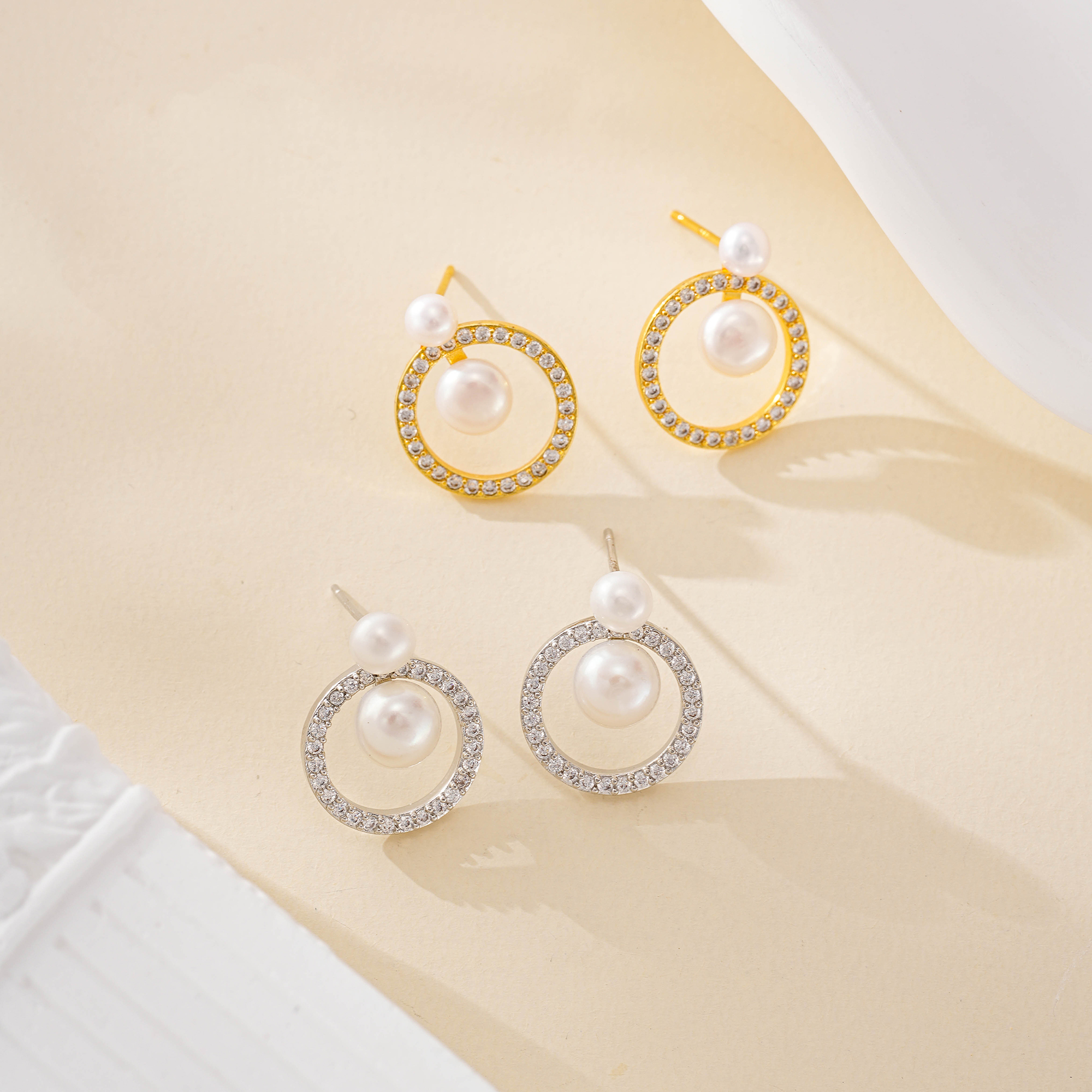 Circular Crystal Halo Pearl Drop Earrings
