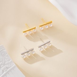 Bar and Triple-Freshwater Pearl Stud Earrings