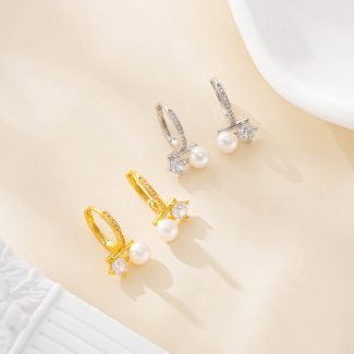 Zircon Starburst and Pearl Huggie Earrings