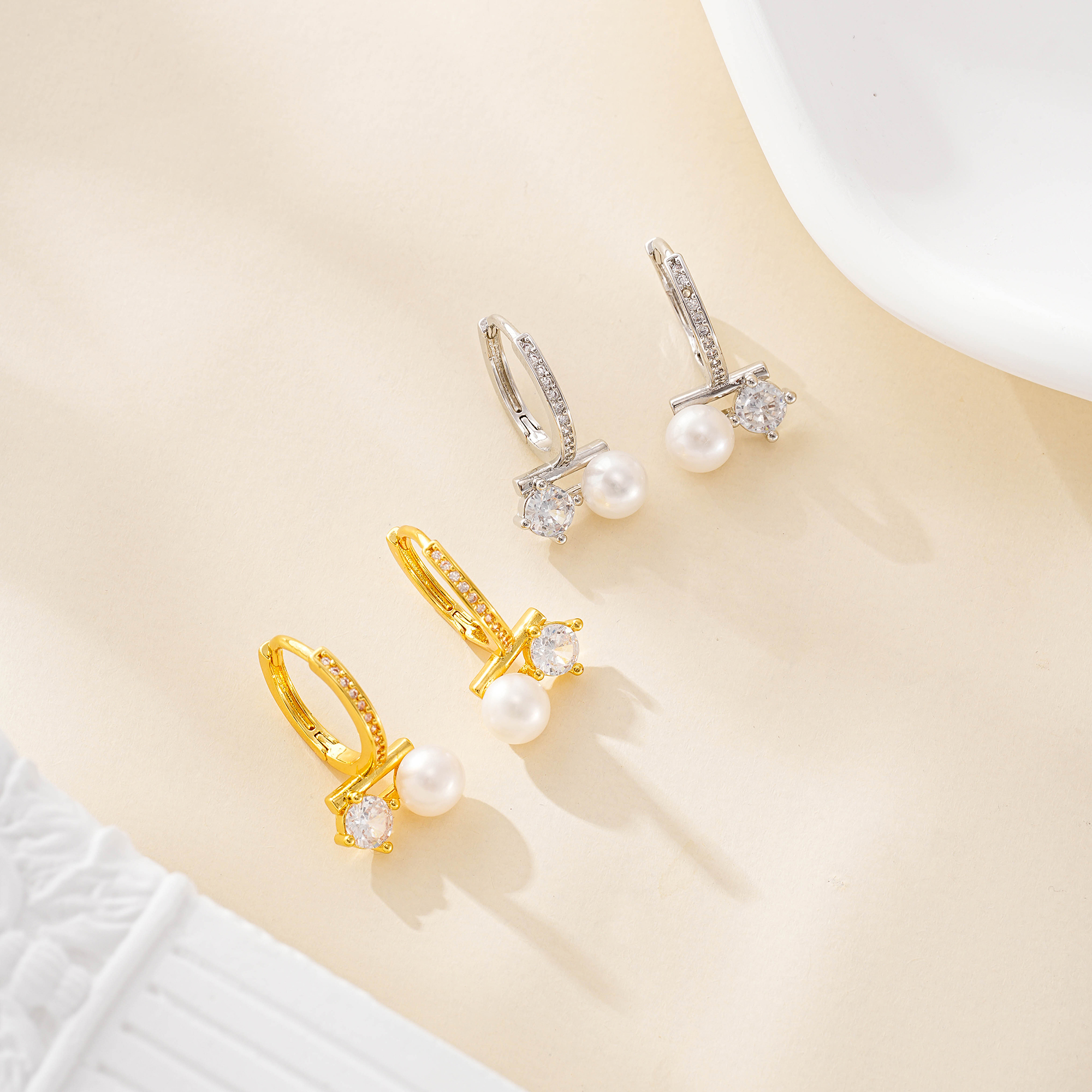 Zircon Starburst and Pearl Huggie Earrings