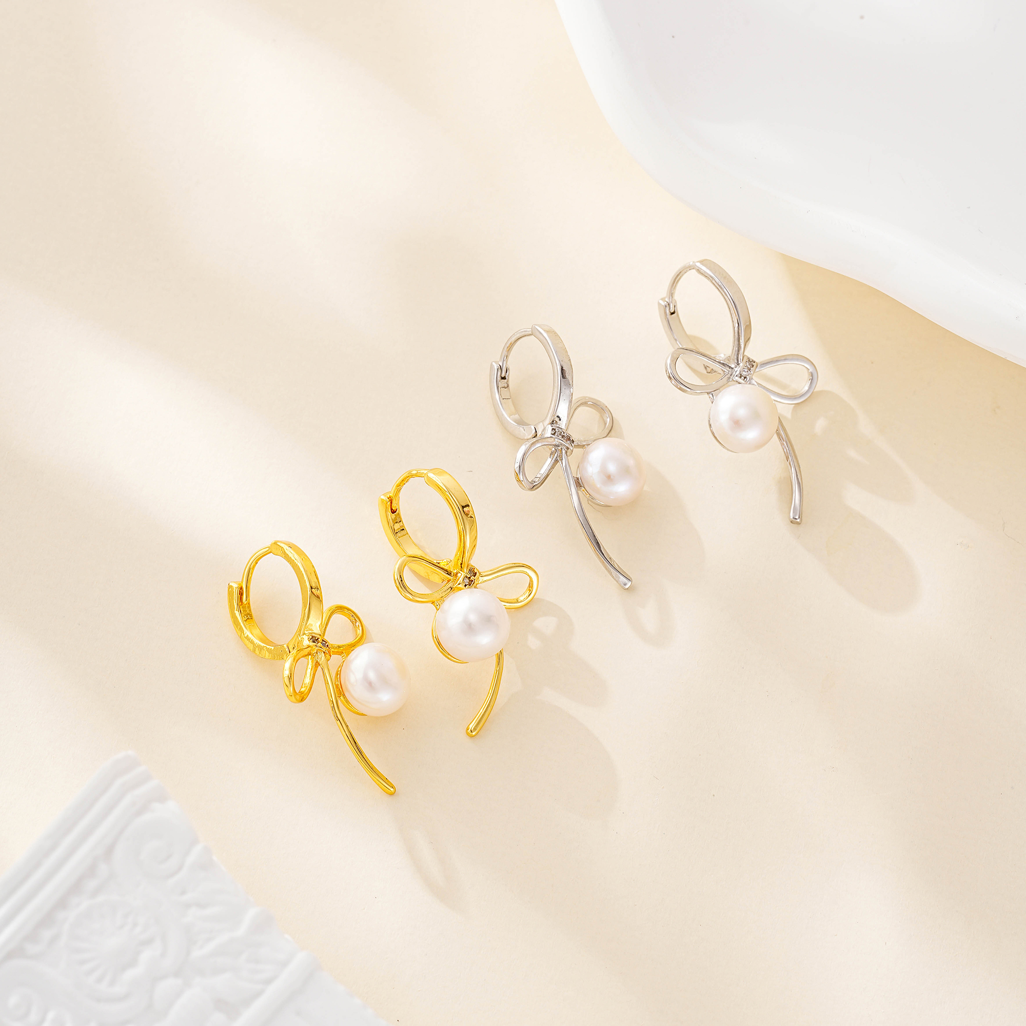 Ribbon Bow and Freshwater Pearl Drop Earrings