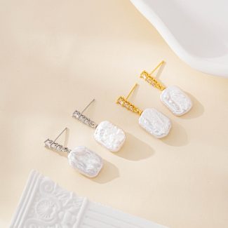 Square Baroque Pearl and Zircon Drop Earrings