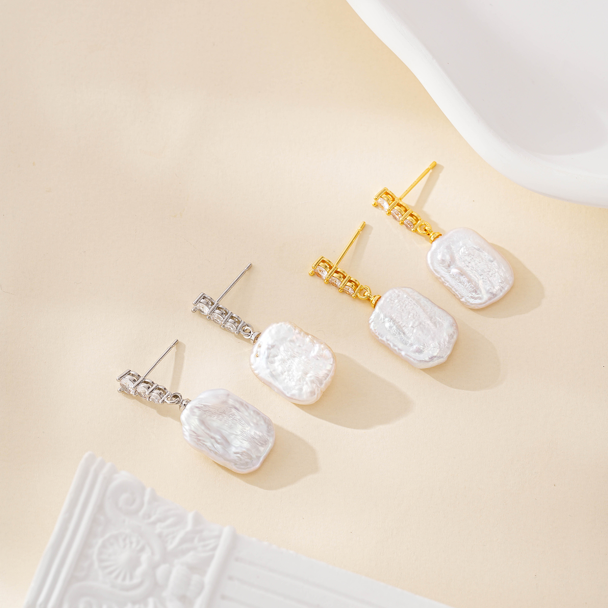 Square Baroque Pearl and Zircon Drop Earrings