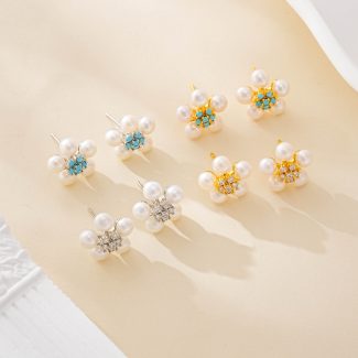 Pearl Flower and Gemstone Stud Earrings