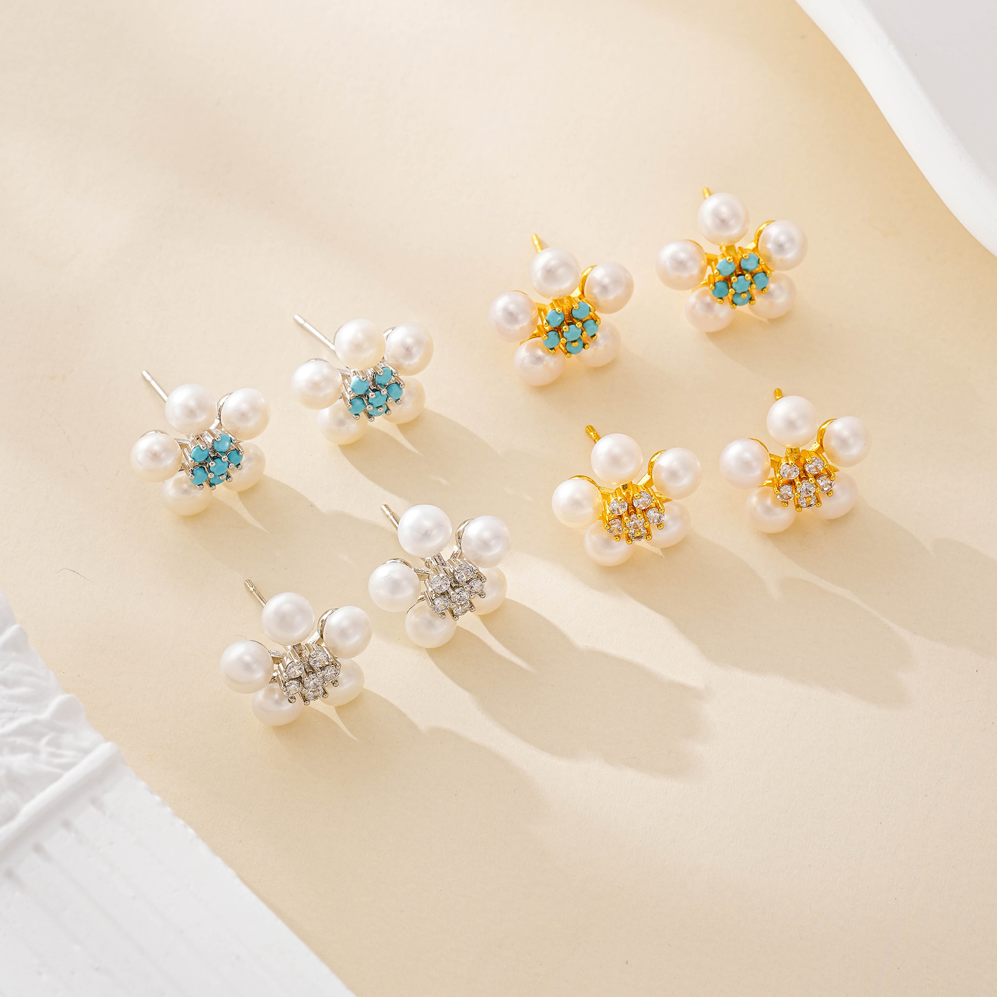 Pearl Flower and Gemstone Stud Earrings