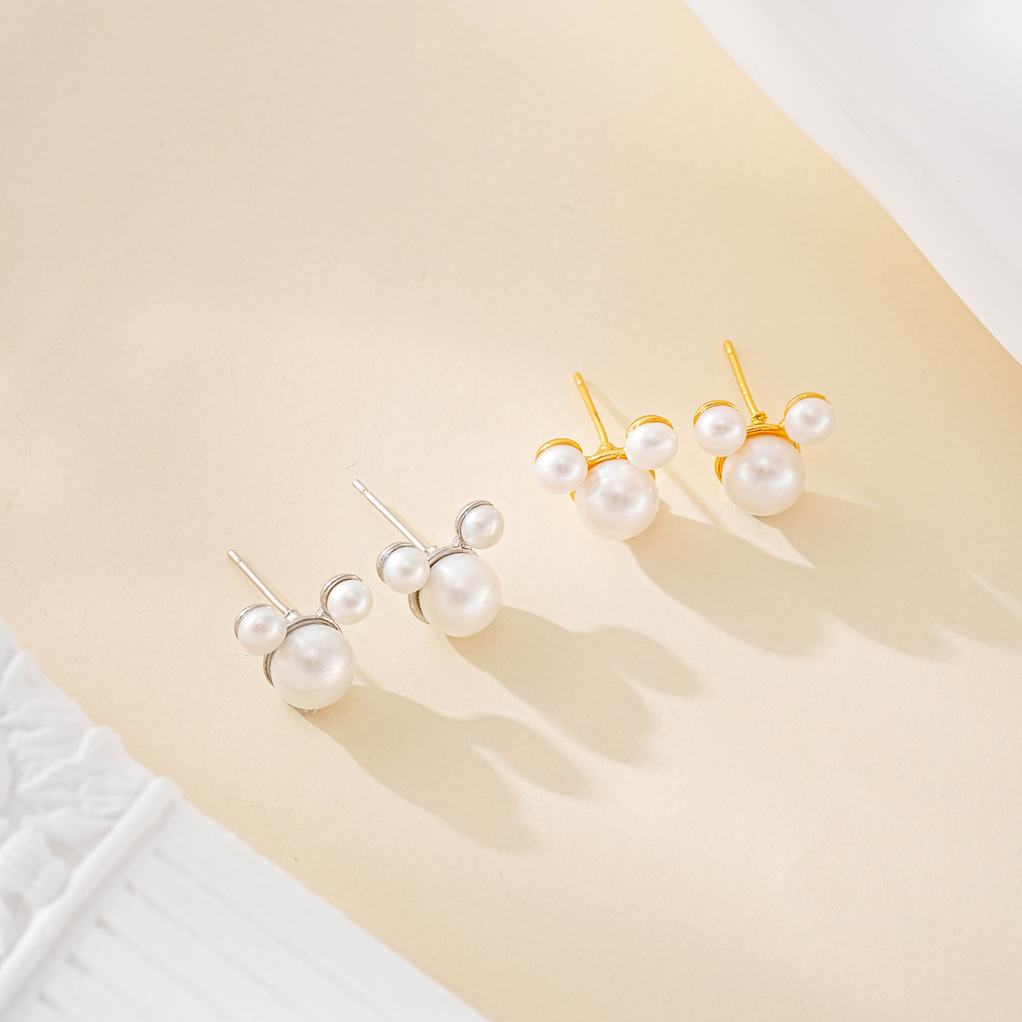 Mickey Silhouette Triple-Pearl Stud Earrings