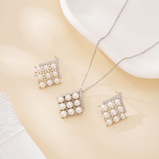 Pavé grid pearl pendant necklace with matching stud earrings