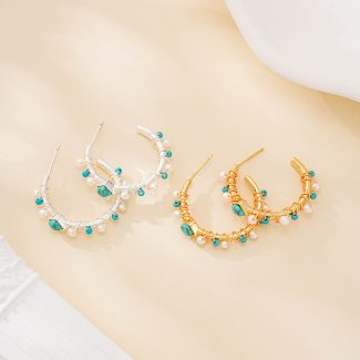 Turquoise and Rice Pearl Hoop Earrings
