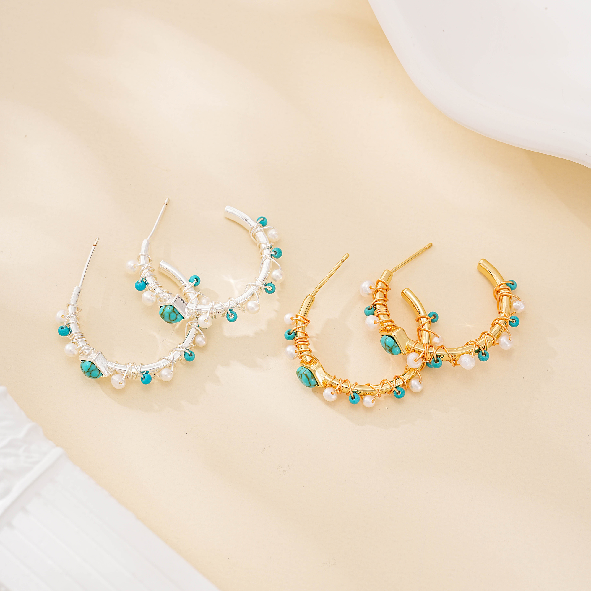 Turquoise and Rice Pearl Hoop Earrings