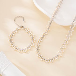 Silver Zircon and Pearl Necklace Bracelet Set