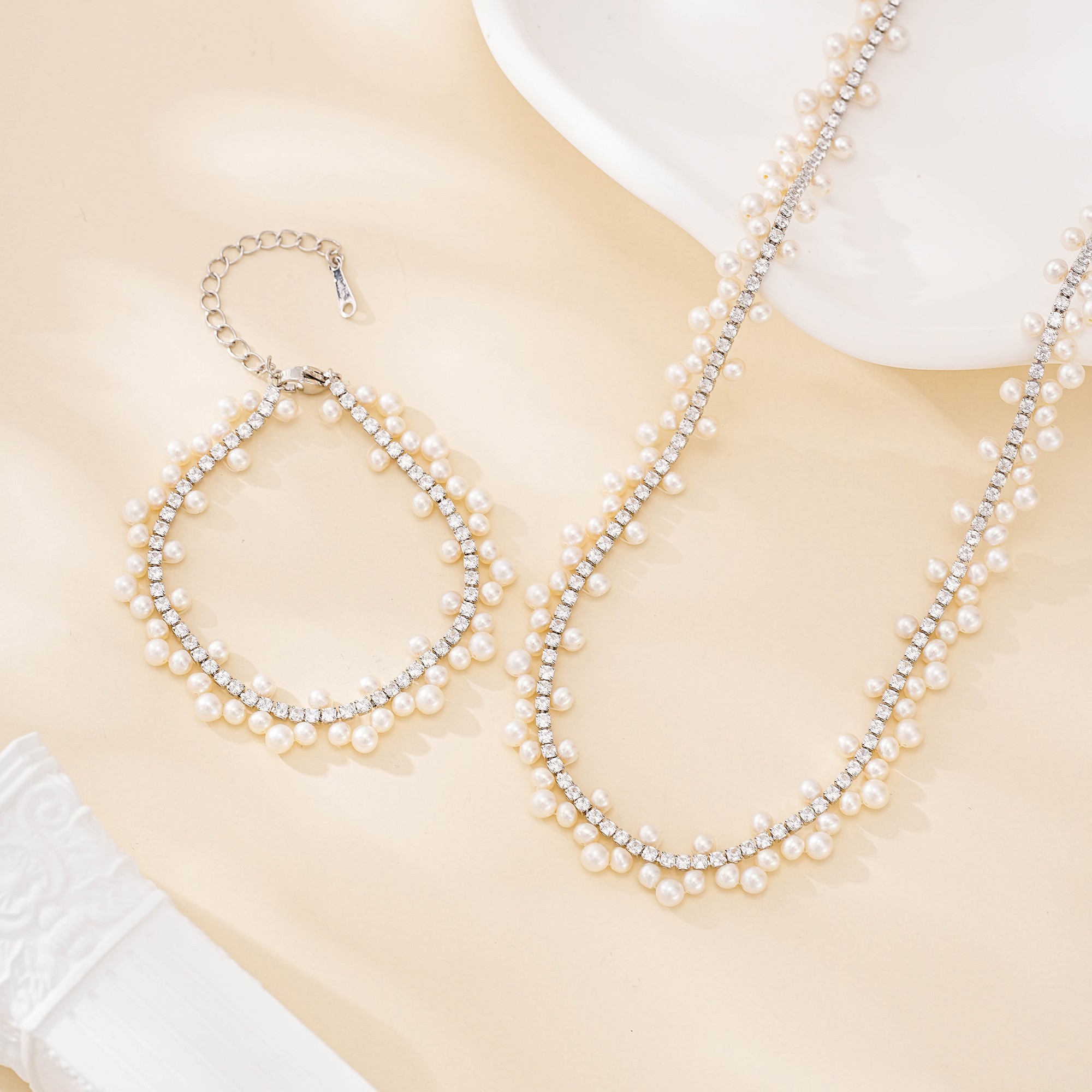 Silver Zircon and Pearl Necklace Bracelet Set