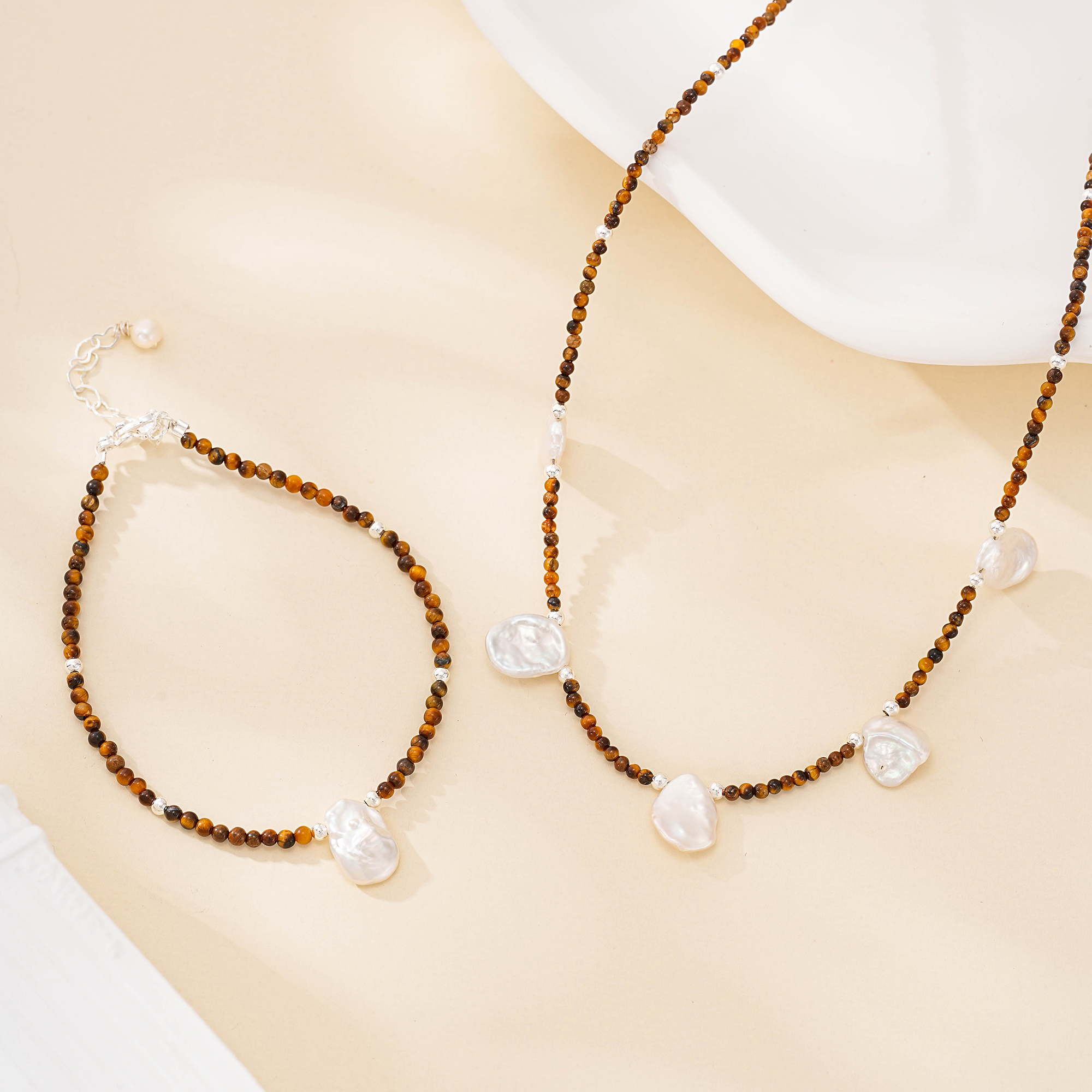 Tiger eye and baroque pearl necklace and bracelet set