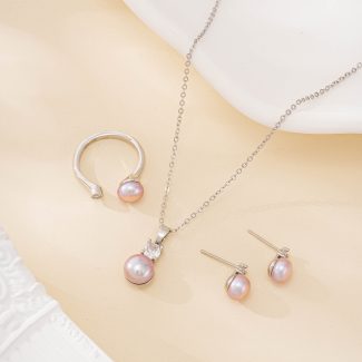Purple Pearl Necklace Earrings and Ring Set