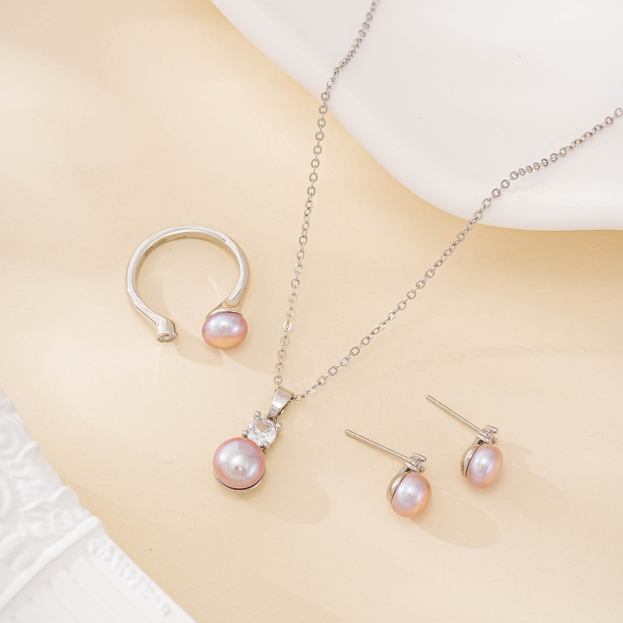 Purple Pearl Necklace Earrings and Ring Set
