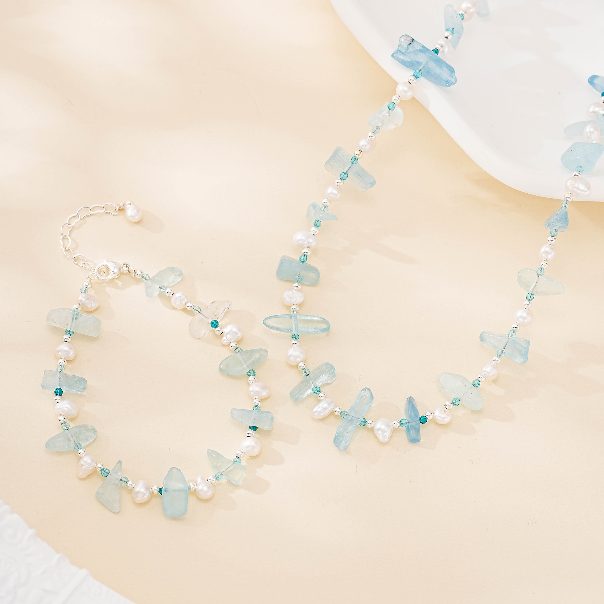 Aquamarine and Baroque Pearl Necklace Bracelet Set