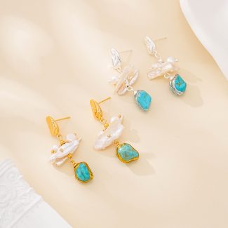 Turquoise and Baroque Pearl Botanical Earrings
