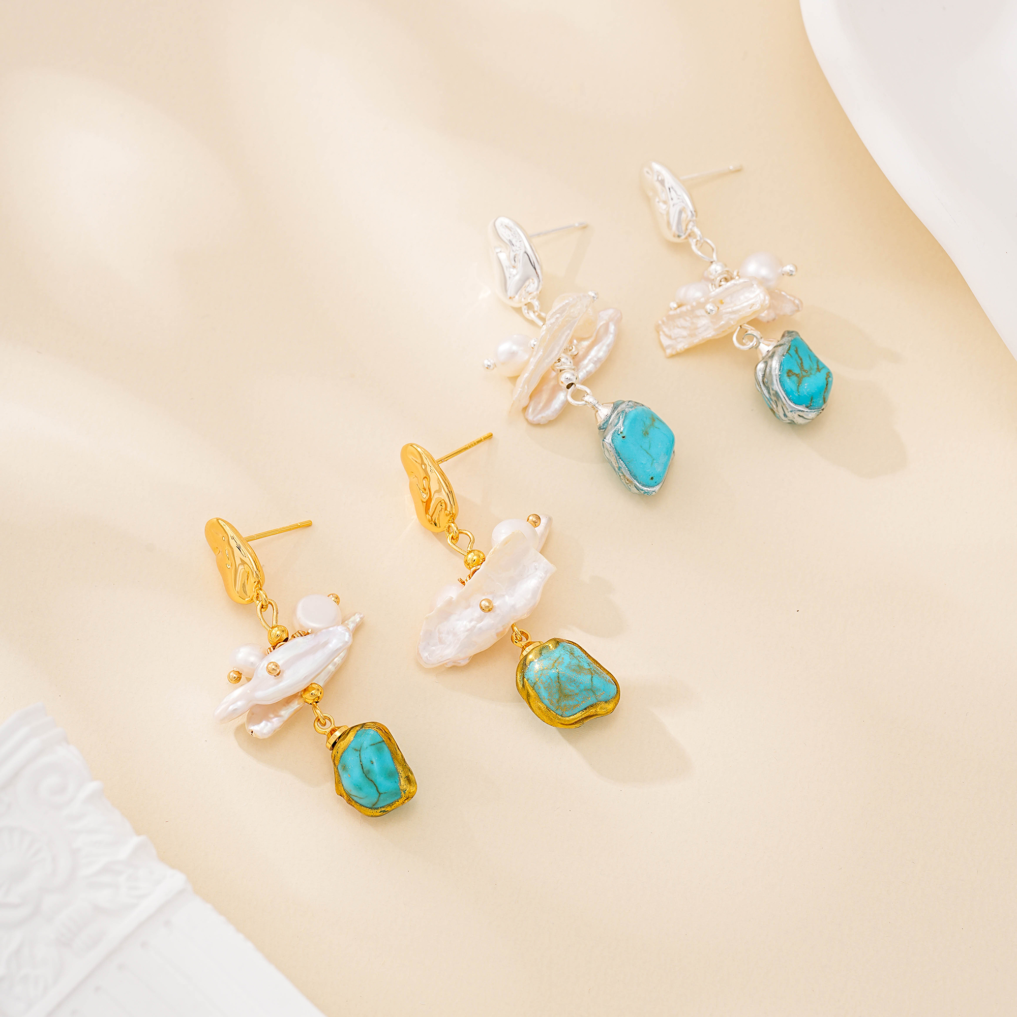 Turquoise and Baroque Pearl Botanical Earrings