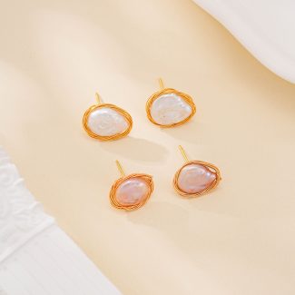 Wire-Wrapped Coin Baroque Pearl Stud Earrings