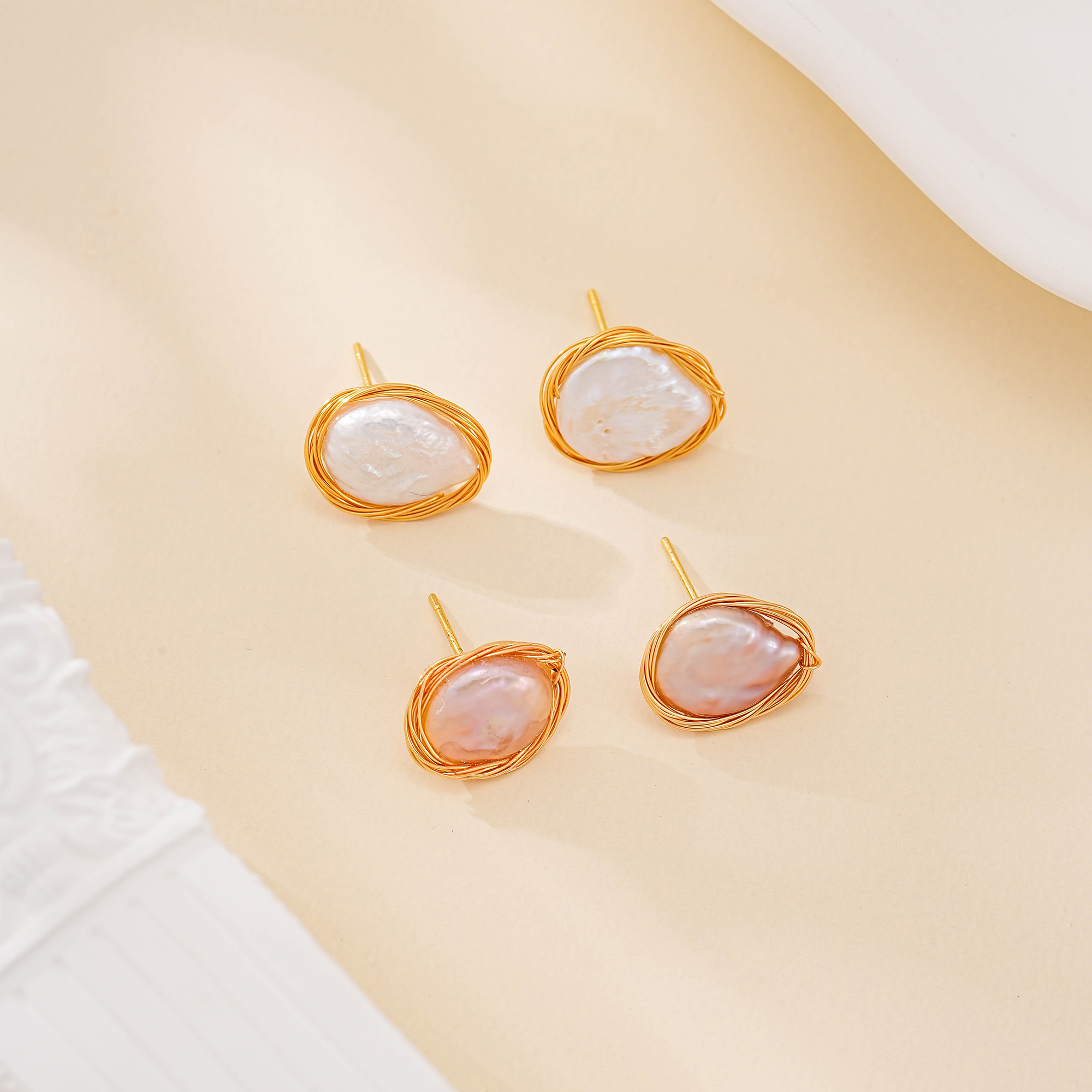 Wire-Wrapped Coin Baroque Pearl Stud Earrings