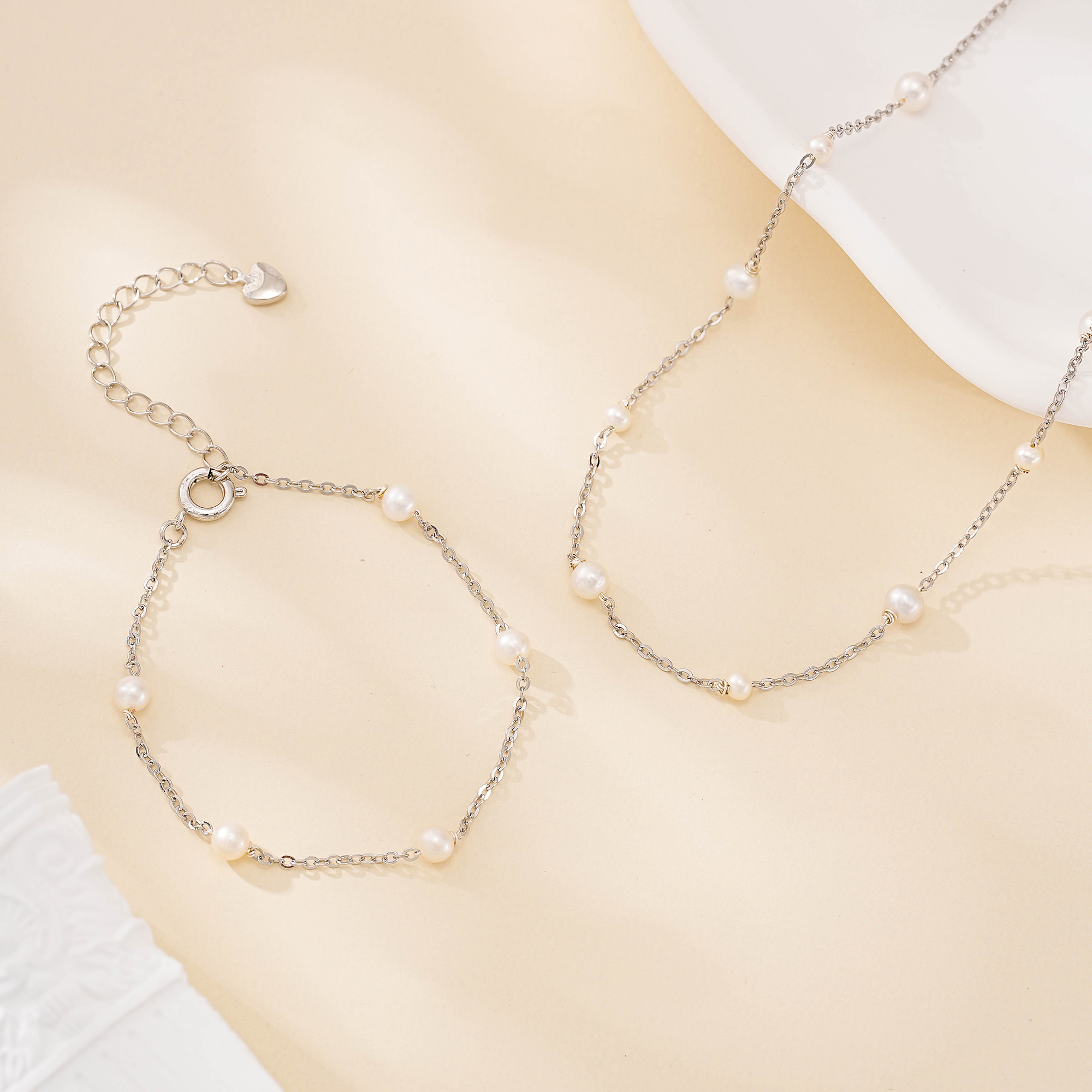Spaced Pearl Necklace and Bracelet Set