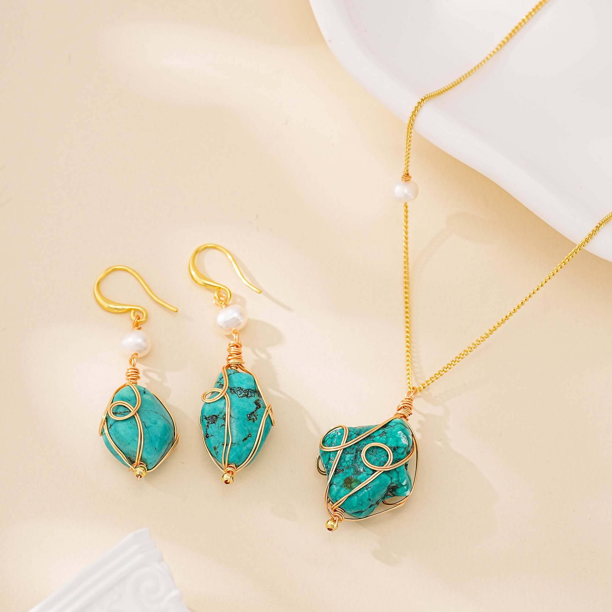 Wire-Wrapped Turquoise and Pearl Jewelry Set