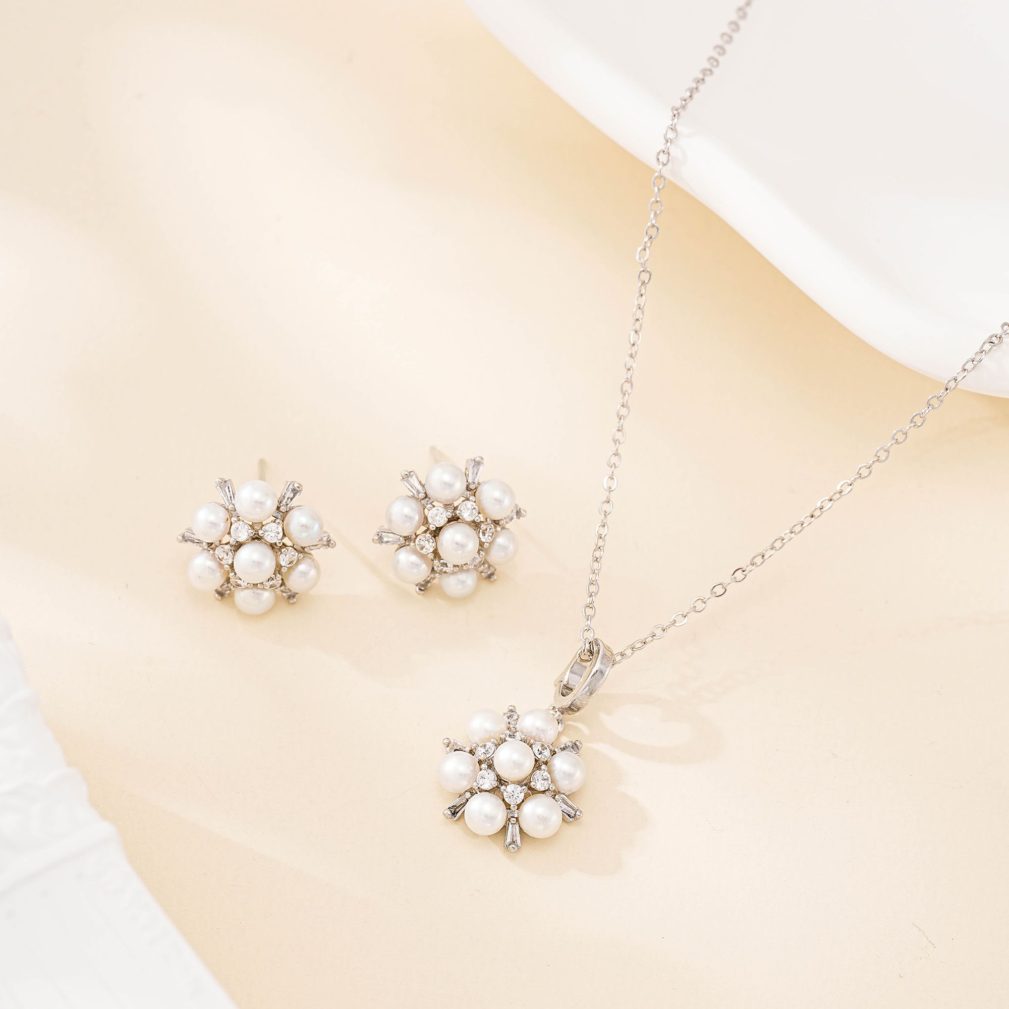 Floral Pearl Cluster Necklace and Earring Set