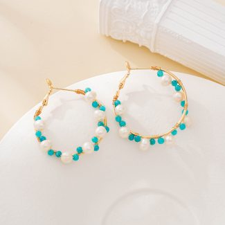 Amazonite and Pearl Beaded Gold-Plated Hoop Earrings
