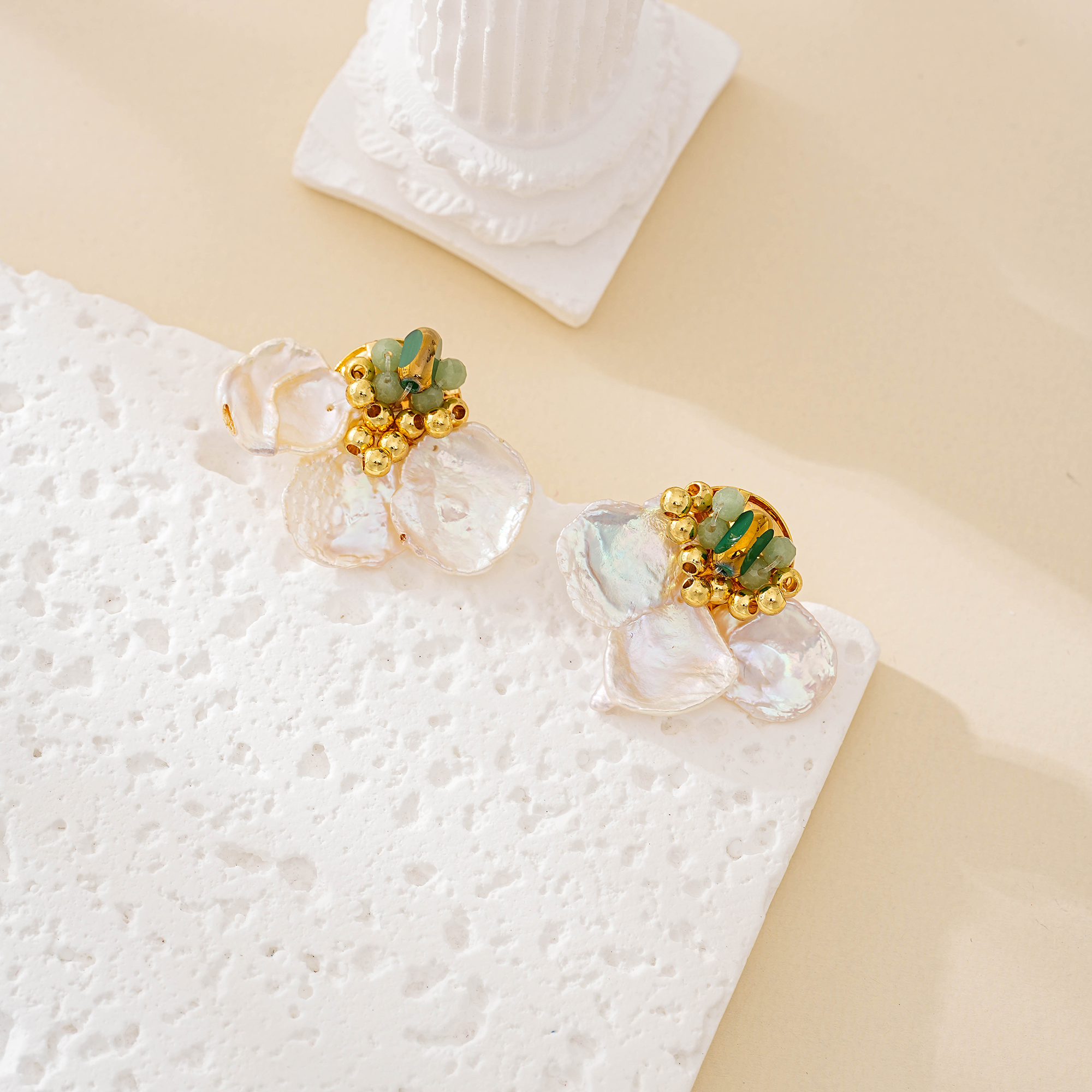 Baroque Pearl Flower Stud Earrings with Green Gemstones