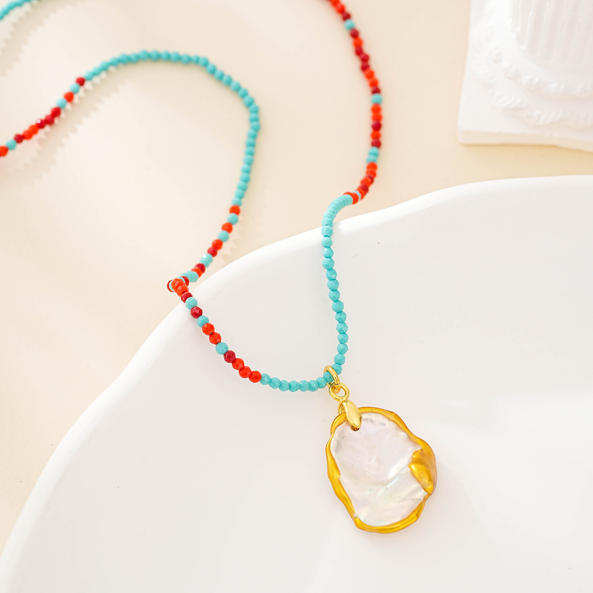 Baroque pearl, amazonite and red agate pendant necklace