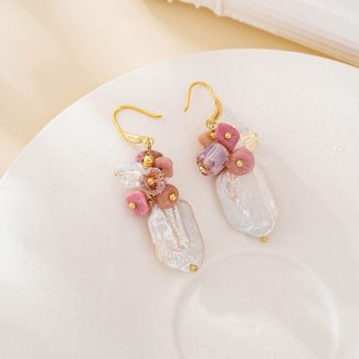 Baroque Pearl and Rhodochrosite Cluster Drop Earrings
