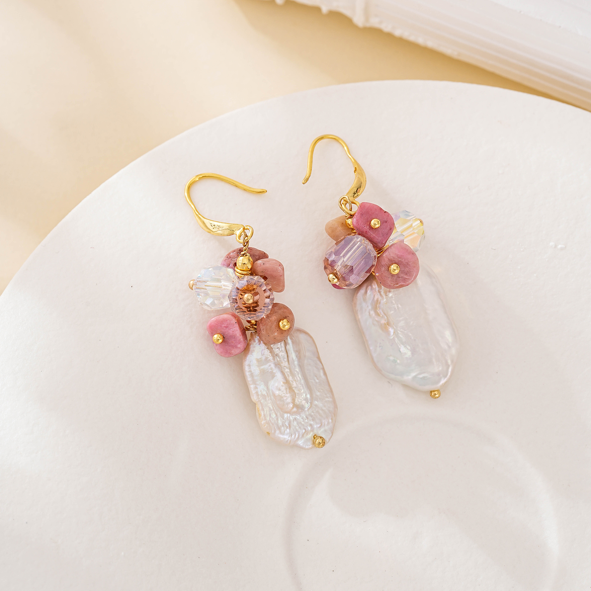 Baroque Pearl and Rhodochrosite Cluster Drop Earrings