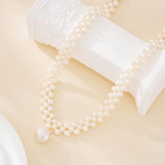Hand-Braided Triple-Strand Pearl Necklace with Drop