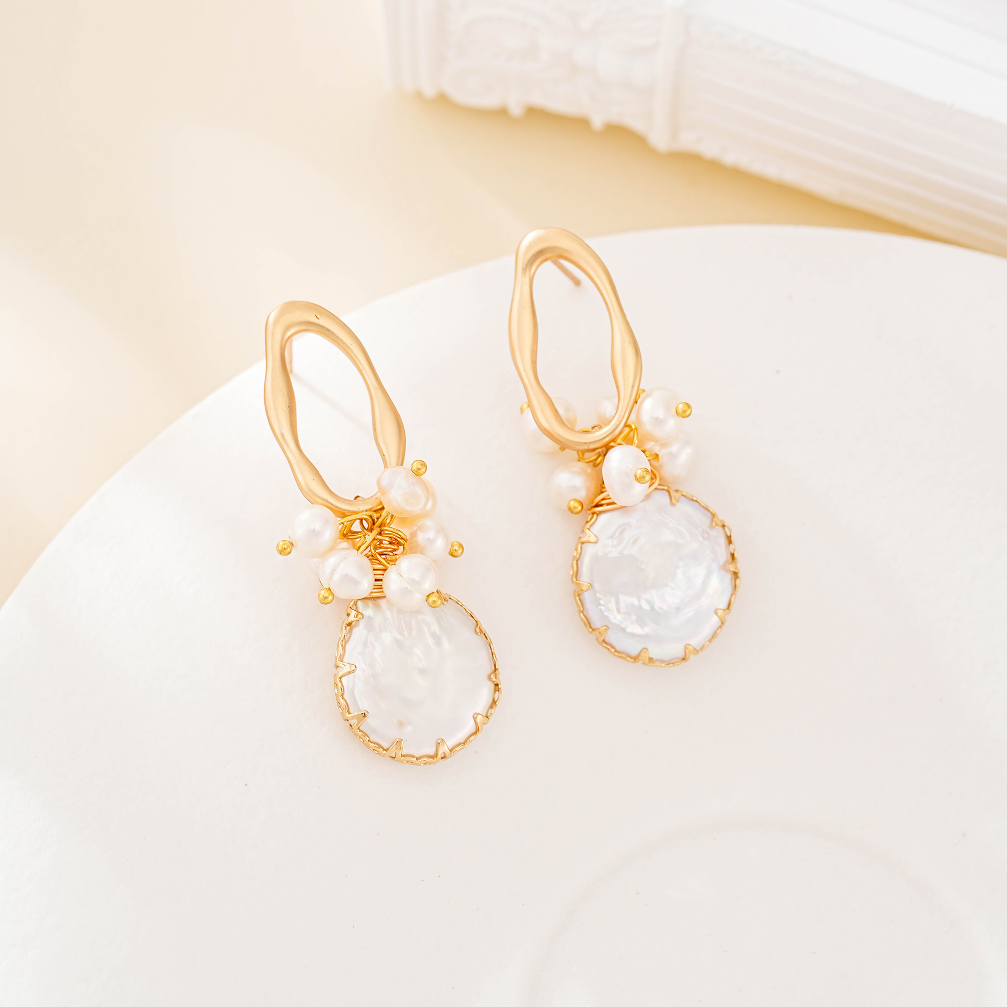 Baroque Pearl Cluster Drop Earrings with Openwork Studs