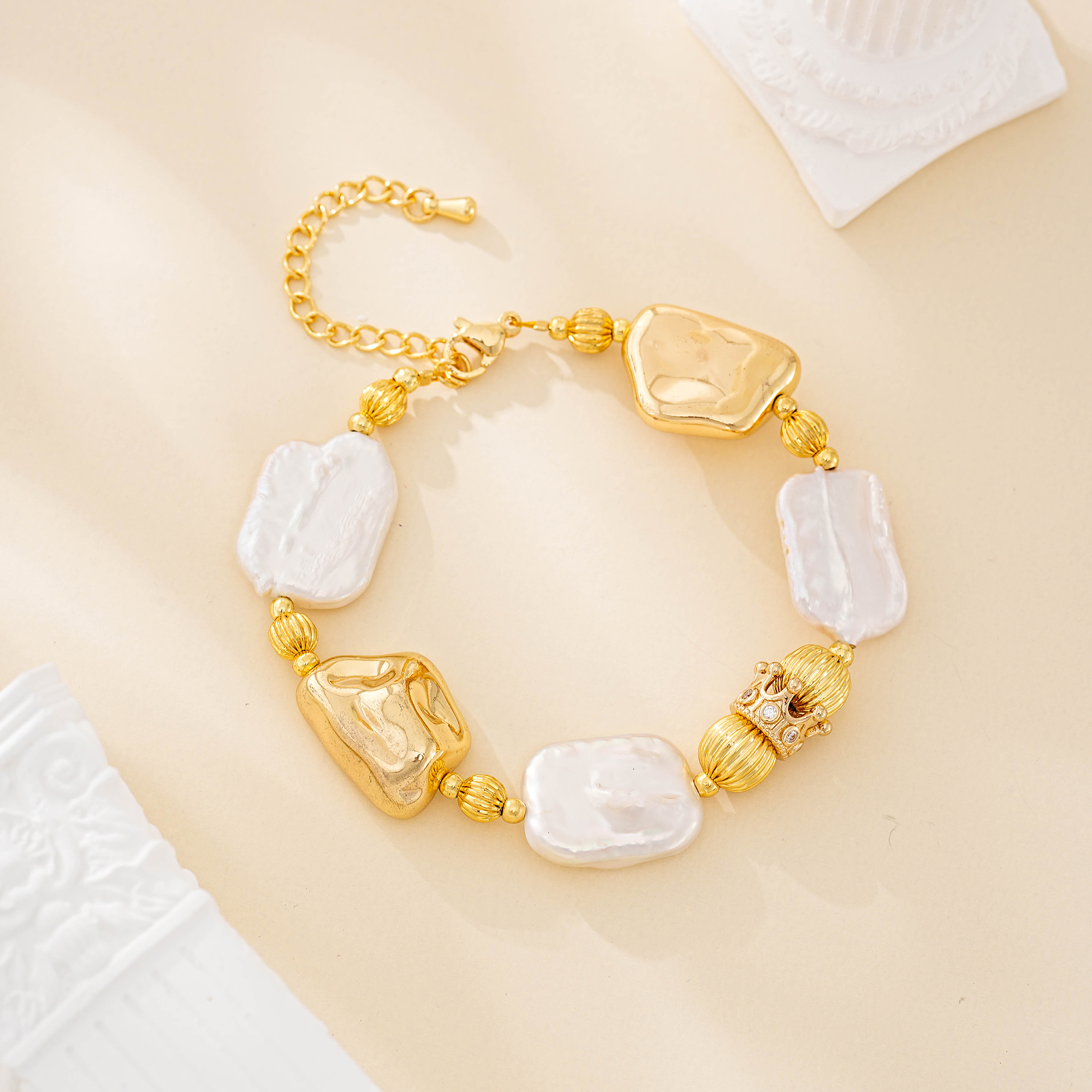 Square Baroque Pearl and Gold Bead Bracelet