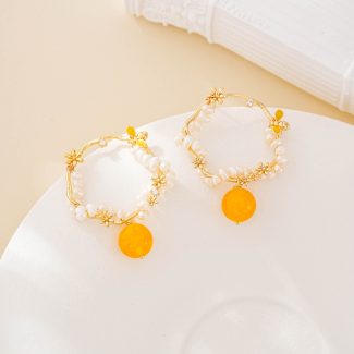 Orange Crystal and Pearl Wire-Wrapped Hoop Earrings