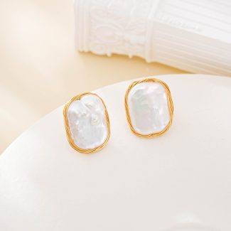 Square Baroque Pearl Wire-Frame Stud Earrings