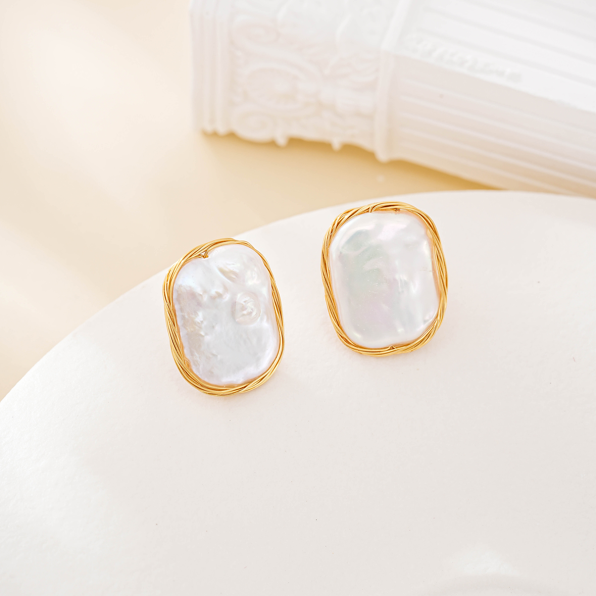 Square Baroque Pearl Wire-Frame Stud Earrings