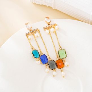 Colorful Glass and Pearl Chain Tassel Earrings